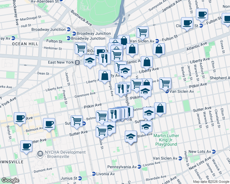 map of restaurants, bars, coffee shops, grocery stores, and more near 181 Georgia Avenue in Brooklyn