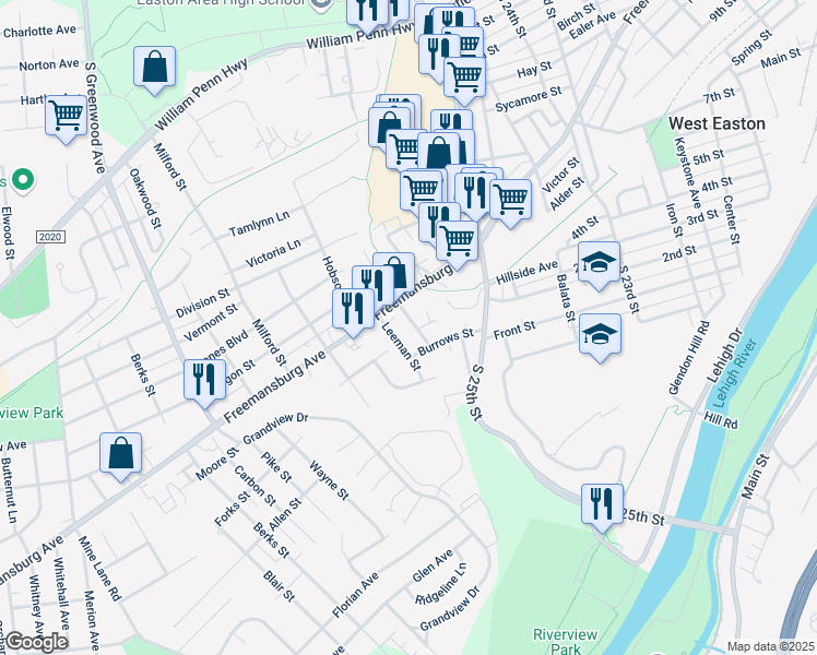 map of restaurants, bars, coffee shops, grocery stores, and more near 1115 Keane Street in Easton