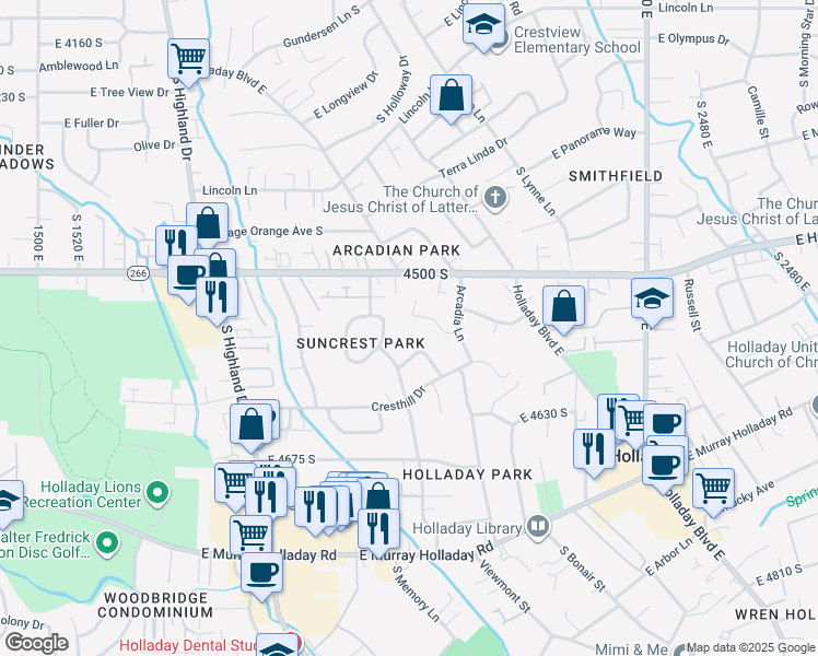 map of restaurants, bars, coffee shops, grocery stores, and more near 2016 Ribbon Lane in Holladay