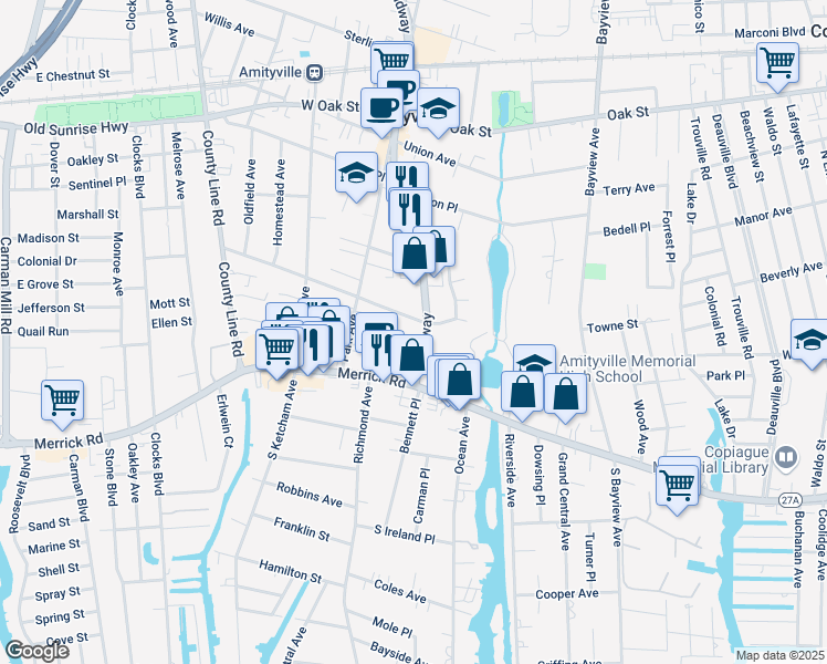 map of restaurants, bars, coffee shops, grocery stores, and more near 40 Broadway in Amityville