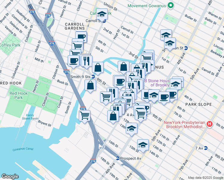 map of restaurants, bars, coffee shops, grocery stores, and more near 124 9th Street in Brooklyn