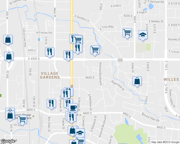 map of restaurants, bars, coffee shops, grocery stores, and more near 4571 South 200 East in Murray