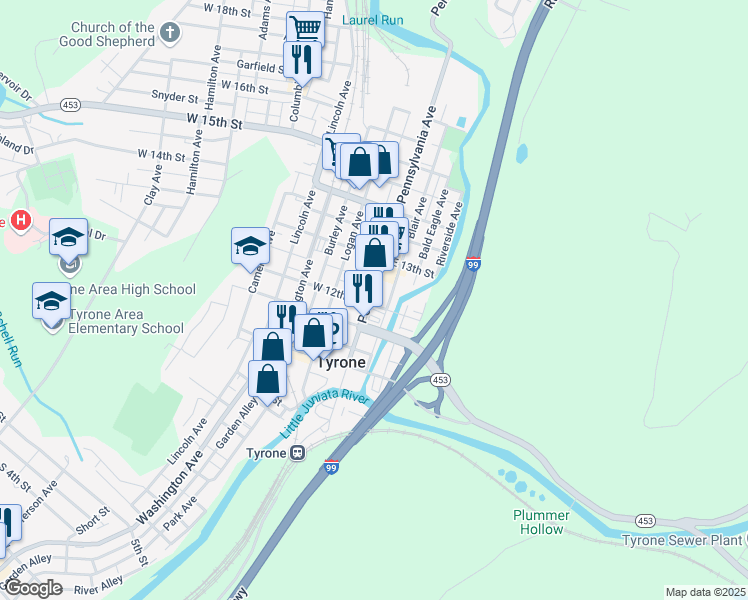 map of restaurants, bars, coffee shops, grocery stores, and more near 8 East 12th Street in Tyrone