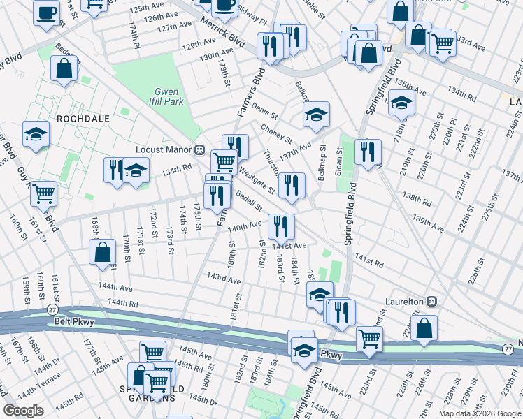 map of restaurants, bars, coffee shops, grocery stores, and more near 139-39 182nd Street in Queens