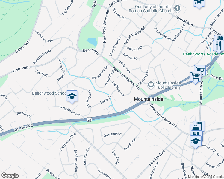 map of restaurants, bars, coffee shops, grocery stores, and more near 261 Appletree Lane in Mountainside