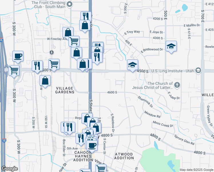 map of restaurants, bars, coffee shops, grocery stores, and more near 155 4600 South in Murray