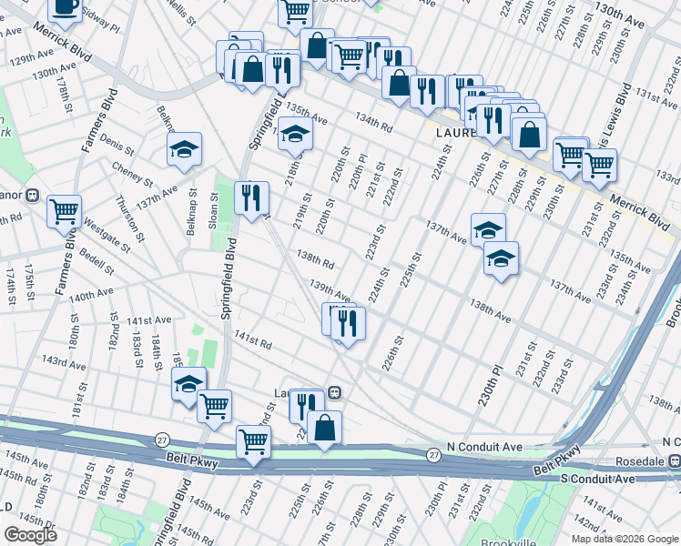 map of restaurants, bars, coffee shops, grocery stores, and more near 138-34 223rd Street in Queens