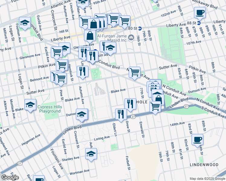 map of restaurants, bars, coffee shops, grocery stores, and more near 1453 Blake Avenue in Brooklyn