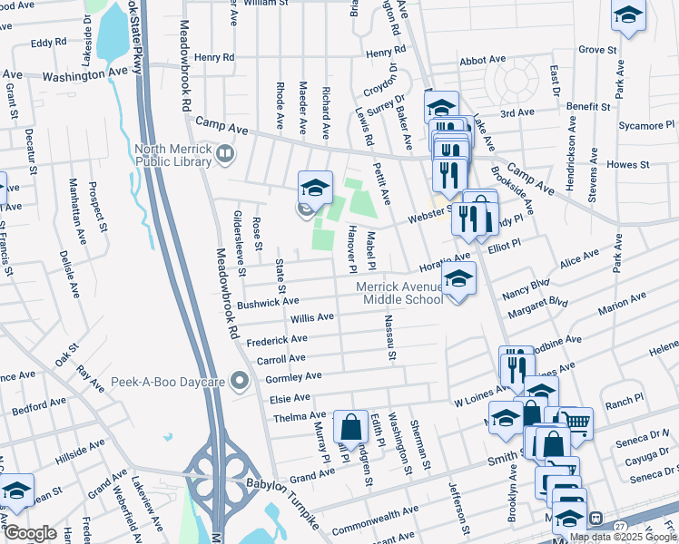 map of restaurants, bars, coffee shops, grocery stores, and more near 1825 Schermerhorn Street in Merrick