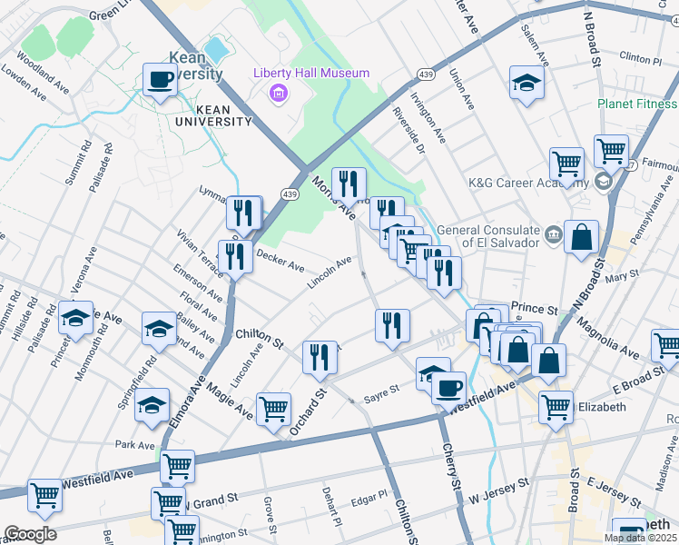 map of restaurants, bars, coffee shops, grocery stores, and more near 118 Lincoln Avenue in Elizabeth