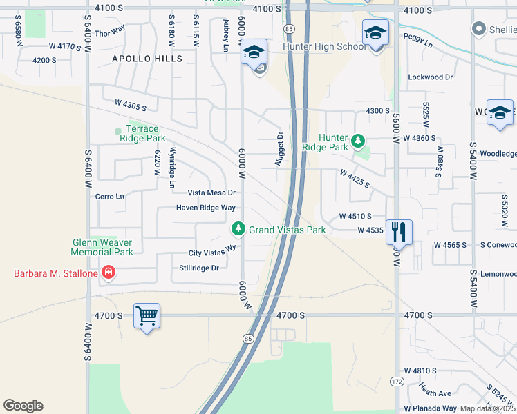 map of restaurants, bars, coffee shops, grocery stores, and more near 5962 Vistas Haven Way in West Valley City
