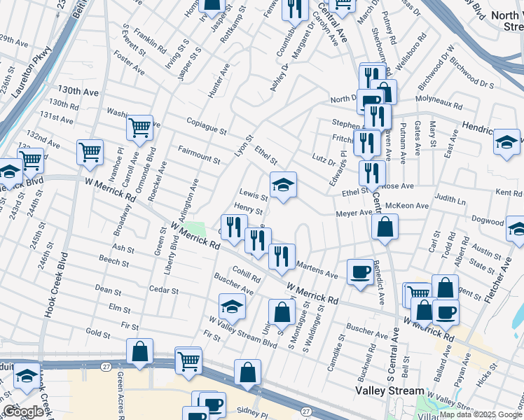 map of restaurants, bars, coffee shops, grocery stores, and more near 105 Henry Street in Valley Stream