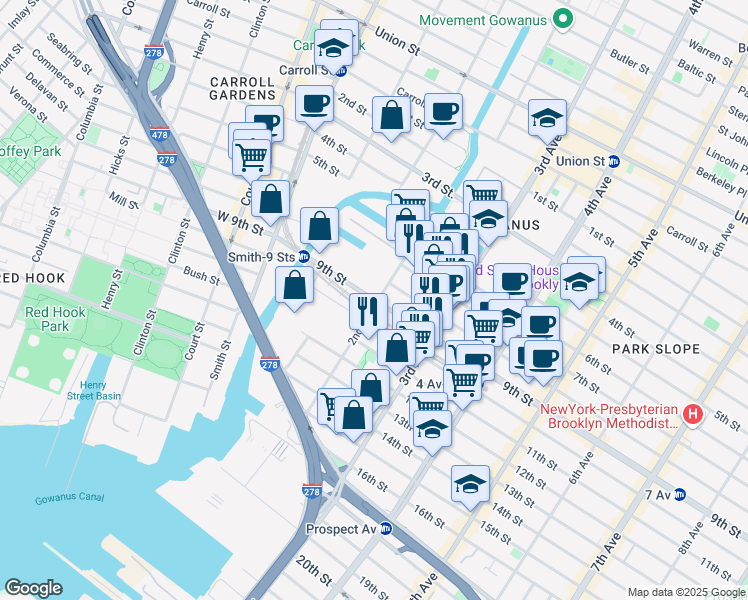 map of restaurants, bars, coffee shops, grocery stores, and more near 124 9th Street in Brooklyn