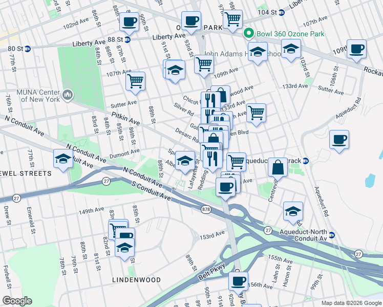 map of restaurants, bars, coffee shops, grocery stores, and more near 90-42 Pitkin Avenue in Queens