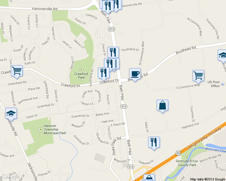 map of restaurants, bars, coffee shops, grocery stores, and more near 3897 Post Drive in Bethlehem
