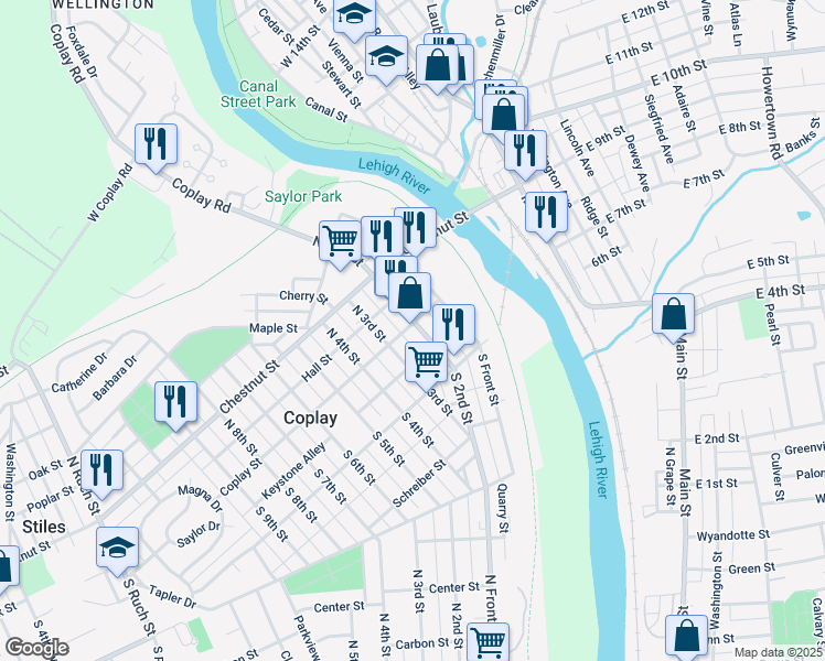 map of restaurants, bars, coffee shops, grocery stores, and more near 4 1/2 South 2nd Street in Coplay