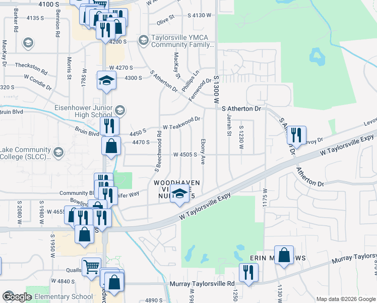 map of restaurants, bars, coffee shops, grocery stores, and more near 4494 Thornwood Avenue in Taylorsville