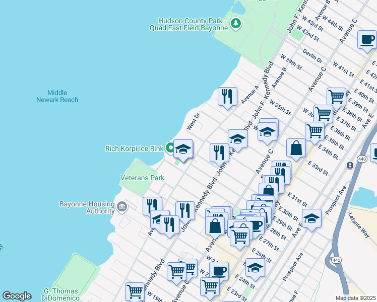 map of restaurants, bars, coffee shops, grocery stores, and more near 6 West 30th Street in Bayonne