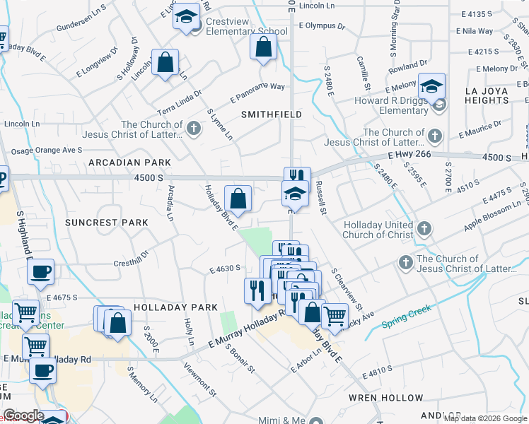 map of restaurants, bars, coffee shops, grocery stores, and more near 2286 Carriage Lane in Holladay