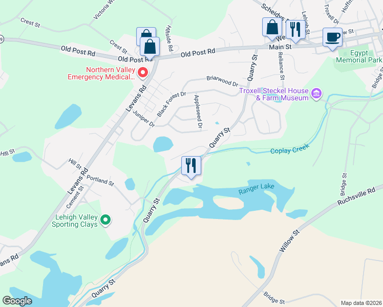 map of restaurants, bars, coffee shops, grocery stores, and more near 2304 Creekside Drive in Coplay