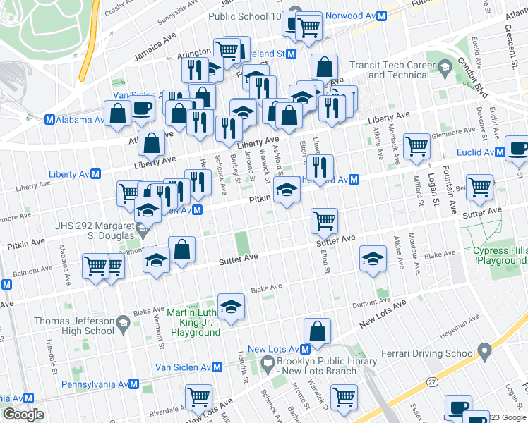 map of restaurants, bars, coffee shops, grocery stores, and more near 369 Jerome Street in Brooklyn