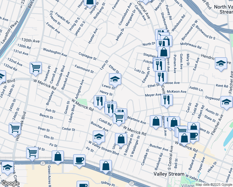map of restaurants, bars, coffee shops, grocery stores, and more near 99 Shaw Avenue in Valley Stream