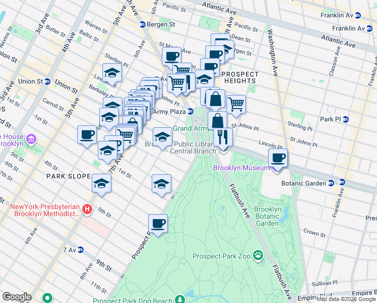 map of restaurants, bars, coffee shops, grocery stores, and more near 1 Prospect Park West in Brooklyn