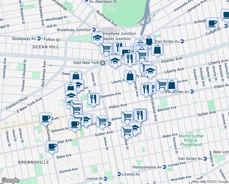 map of restaurants, bars, coffee shops, grocery stores, and more near 270 Glenmore Avenue in Brooklyn