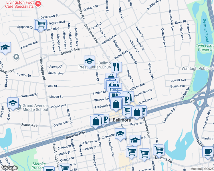 map of restaurants, bars, coffee shops, grocery stores, and more near 211 Oak Street in Bellmore