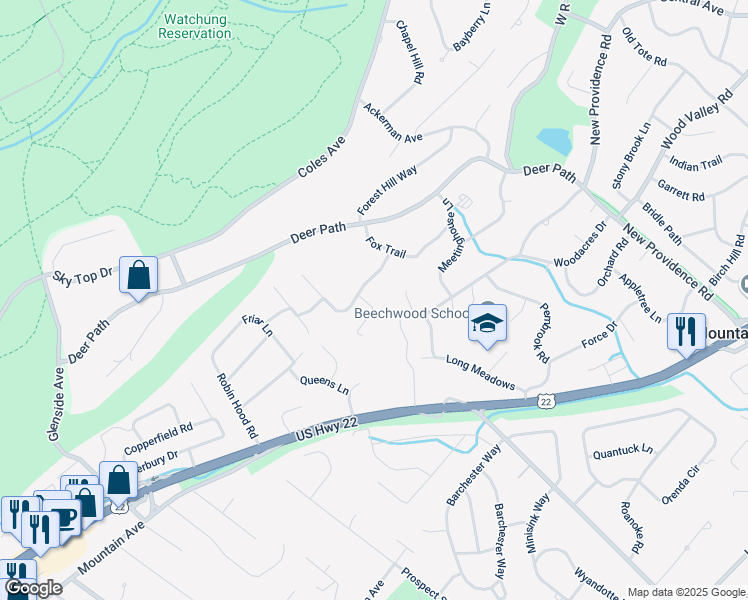 map of restaurants, bars, coffee shops, grocery stores, and more near 246 Fawn Ridge in Mountainside