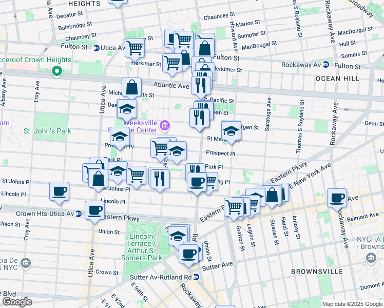 map of restaurants, bars, coffee shops, grocery stores, and more near 1618 Prospect Place in Brooklyn