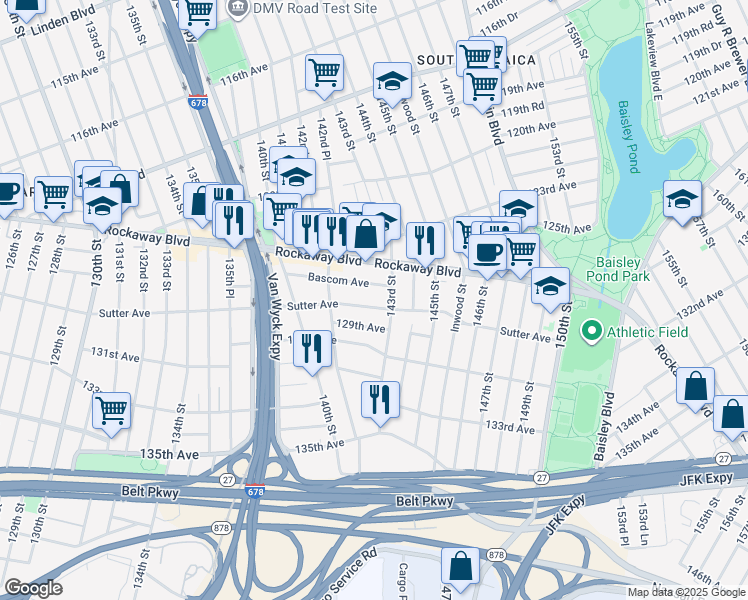 map of restaurants, bars, coffee shops, grocery stores, and more near 142-39 Sutter Avenue in Queens
