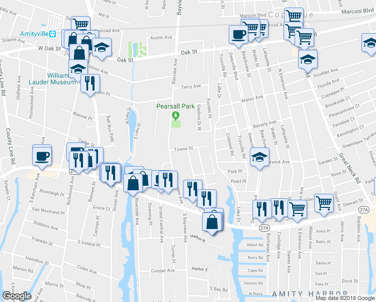 map of restaurants, bars, coffee shops, grocery stores, and more near 112 Wood Avenue in Amityville