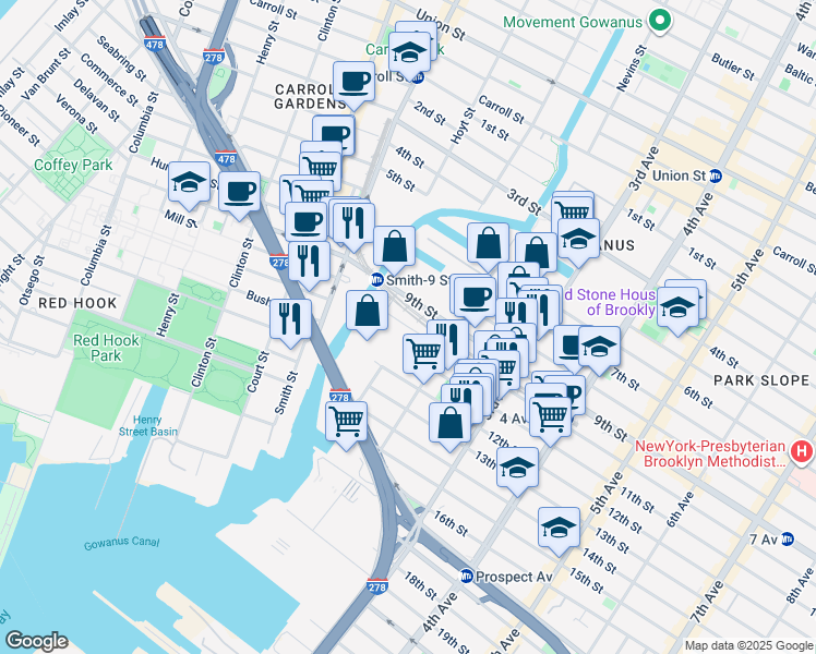 map of restaurants, bars, coffee shops, grocery stores, and more near 4 10th Street in Brooklyn
