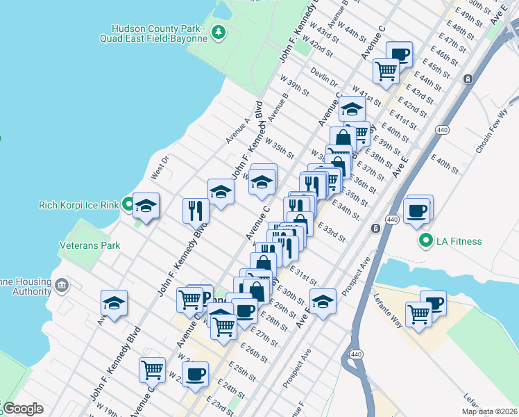 map of restaurants, bars, coffee shops, grocery stores, and more near 63 West 32nd Street in Bayonne