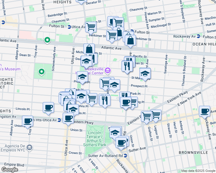 map of restaurants, bars, coffee shops, grocery stores, and more near Buffalo Avenue in Brooklyn