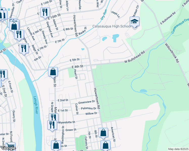map of restaurants, bars, coffee shops, grocery stores, and more near 320 Bendelow Lane in Northampton