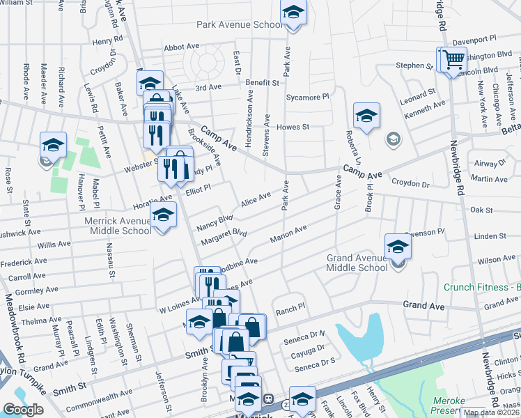 map of restaurants, bars, coffee shops, grocery stores, and more near 37 Nancy Blvd in Merrick