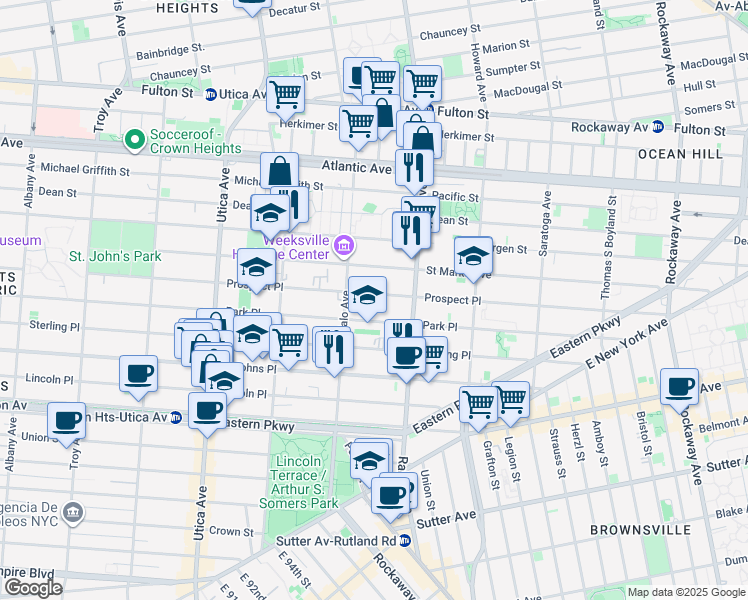map of restaurants, bars, coffee shops, grocery stores, and more near 1568 Prospect Place in Brooklyn