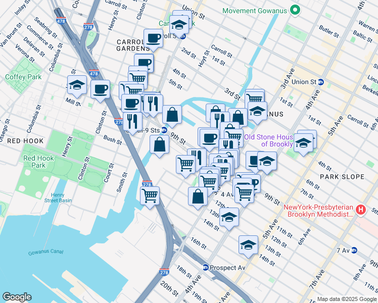 map of restaurants, bars, coffee shops, grocery stores, and more near 3 10th Street in Brooklyn