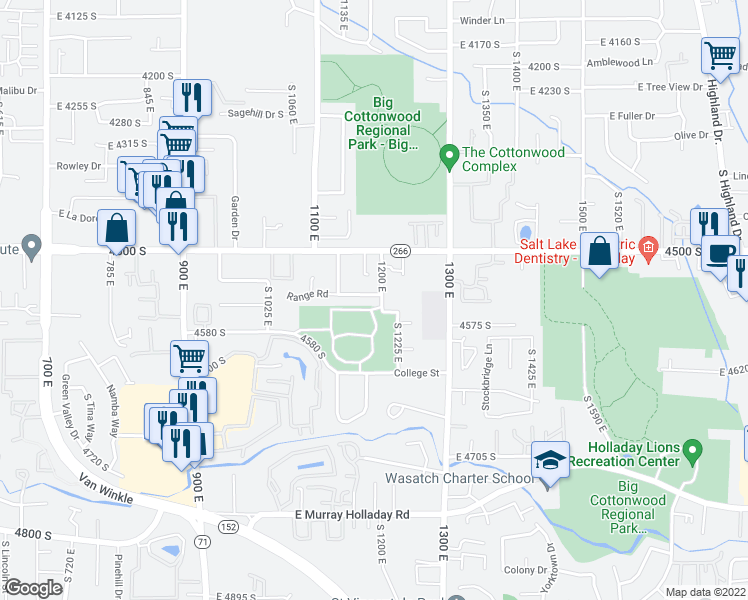 map of restaurants, bars, coffee shops, grocery stores, and more near 4550 South 1200 East in Millcreek