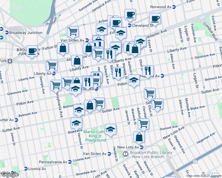 map of restaurants, bars, coffee shops, grocery stores, and more near 331 Schenck Avenue in Brooklyn