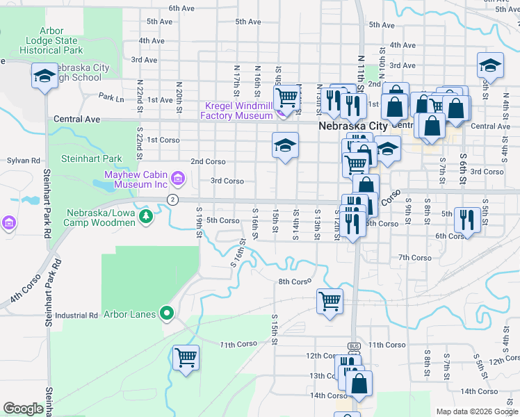map of restaurants, bars, coffee shops, grocery stores, and more near 509 South 16th Street in Nebraska City