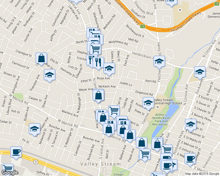 map of restaurants, bars, coffee shops, grocery stores, and more near 23 Remsen Avenue in Valley Stream