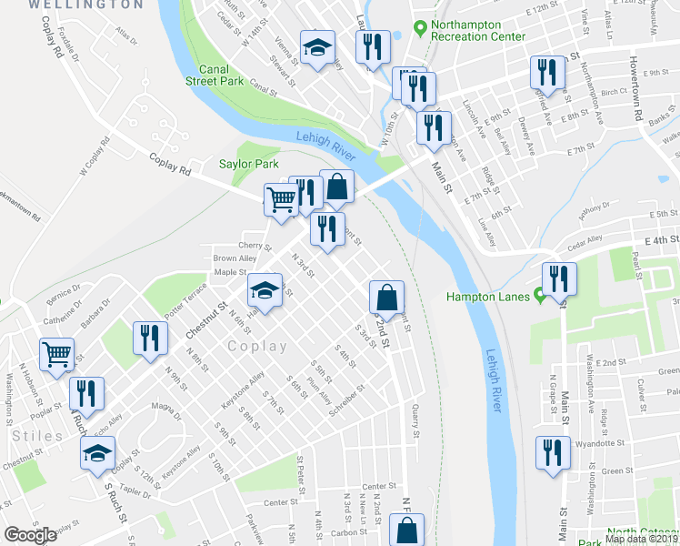 map of restaurants, bars, coffee shops, grocery stores, and more near 2 South 2nd Street in Coplay