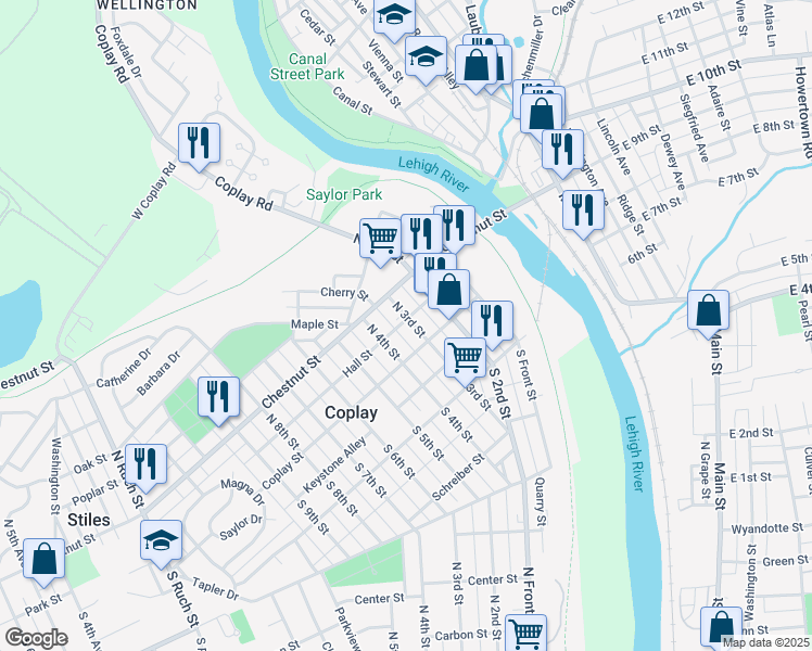 map of restaurants, bars, coffee shops, grocery stores, and more near 26 North 3rd Street in Coplay