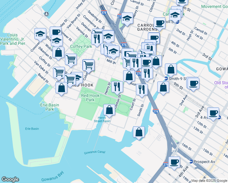 map of restaurants, bars, coffee shops, grocery stores, and more near 155 Bay Street in Brooklyn