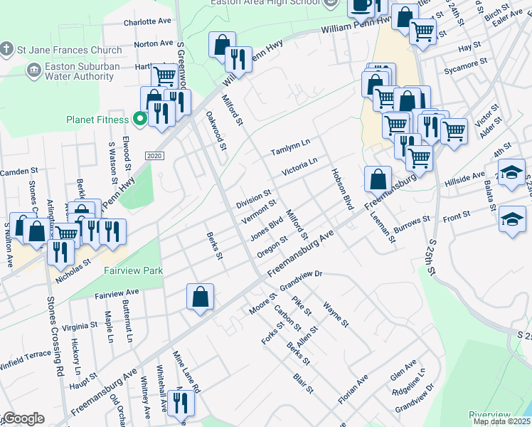 map of restaurants, bars, coffee shops, grocery stores, and more near 3032 Vermont Street in Easton