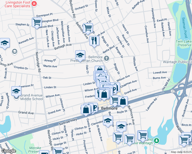 map of restaurants, bars, coffee shops, grocery stores, and more near 211 Oak Street in Bellmore