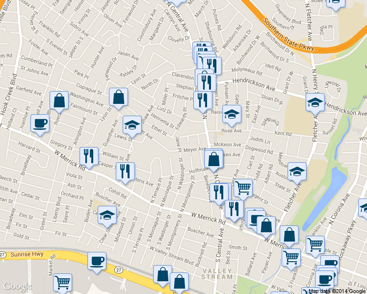 map of restaurants, bars, coffee shops, grocery stores, and more near 63 Meyer Avenue in Valley Stream